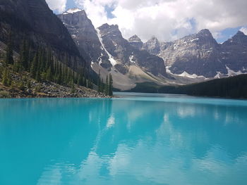 Scenic view of lake by mountains against sky