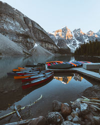 Scenic view of lake by snowcapped mountains against sky