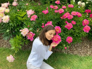 Woman with pink flowers