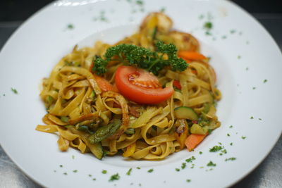 Close-up of noodles served in plate