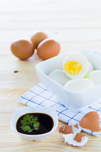 High angle view of breakfast on table