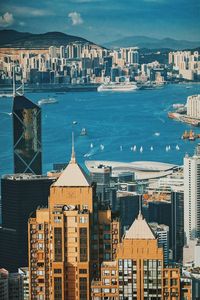 High angle view of cityscape by sea against sky