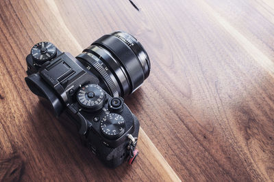 High angle view of camera on table