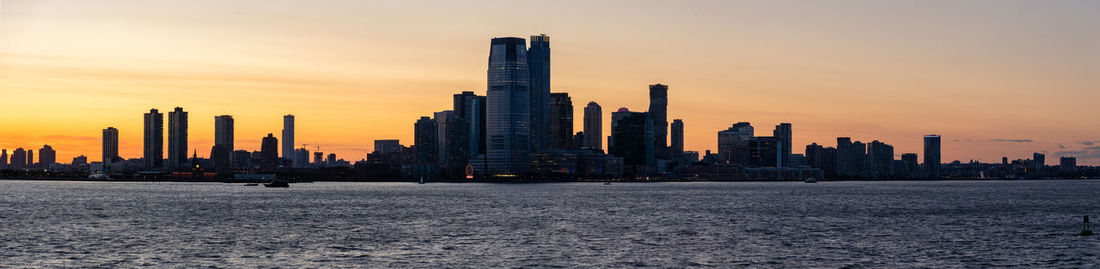 Jersey city silhouetted against a dramatic sunset