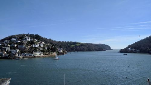 Scenic view of sea by buildings against blue sky