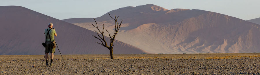 A photographer picturing a tree in avalley near dune 45 at sesriem in red dunes of namibia
