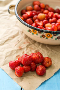 High angle view of strawberries on table