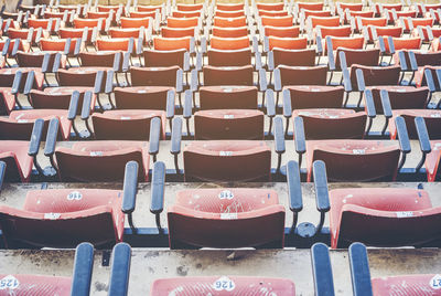 Full frame shot of empty chairs at stadium