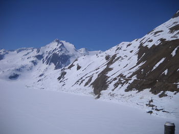 Scenic view of snowcapped mountains against clear blue sky