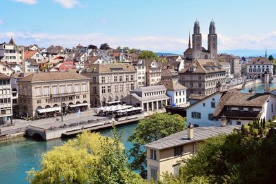 High angle view of buildings in city