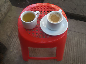 High angle view of coffee on table