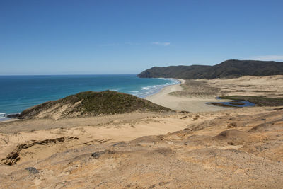 Scenic view of beach against clear blue sky