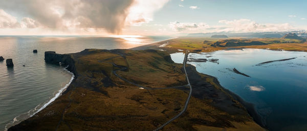 Aerial view of the iceland coastline by the black beach.