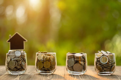 Close-up of coins on table