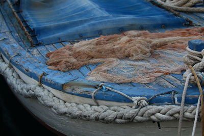 High angle view of fishing boats moored at harbor