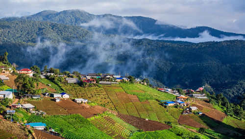 High angle view of mountains against sky