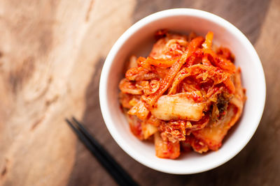 High angle view of pasta in bowl on table