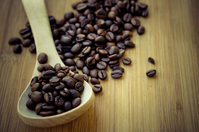 High angle view of roasted coffee beans on table