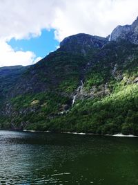 Scenic view of lake and mountains against sky