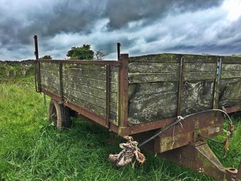 Barbed wire fence on field against cloudy sky