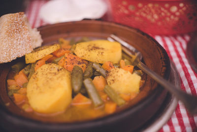 Vegetable tagine hot pot at essaouira world heritage old town restaurant, kingdom of morocco