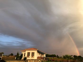 Rainbow over building against cloudy sky