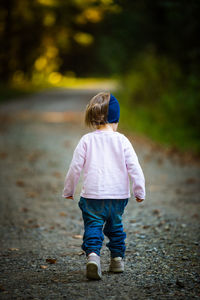 Rear view of girl walking on footpath