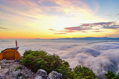 Scenic view of mountains against sky during sunset