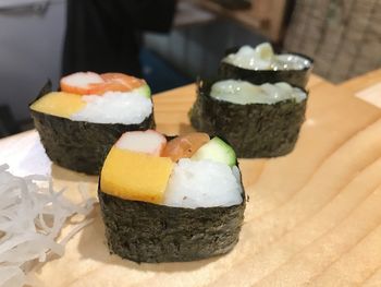 Close-up of sushi served on table