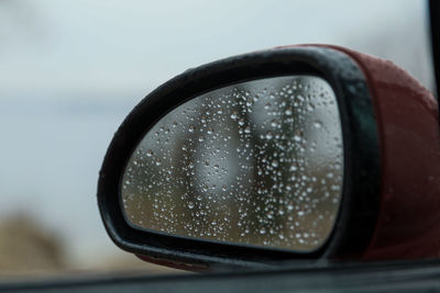 Close-up of raindrops on side-view mirror