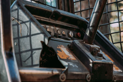 Dashboard closeup of an old, vintage tractor.