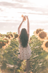 Rear view of woman with sunflowers standing on field against sky