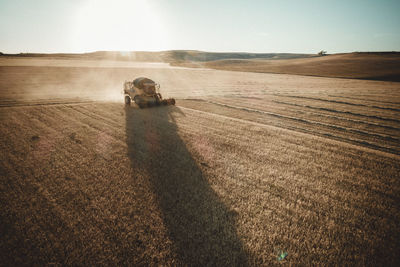 Dry fields at sunset from aerial view