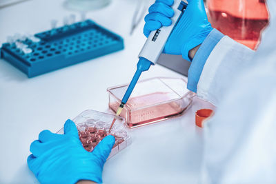 Biotechnology female researcher in laboratory working with cell culture