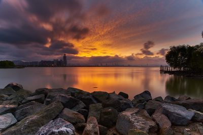 Scenic view of lake against sky during sunset