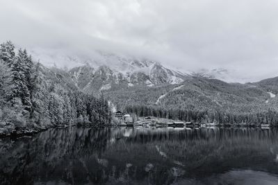 Scenic view of lake by trees against sky