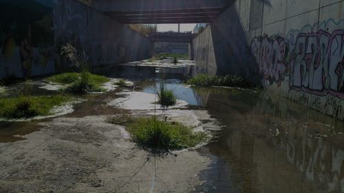 Reflection of building in puddle
