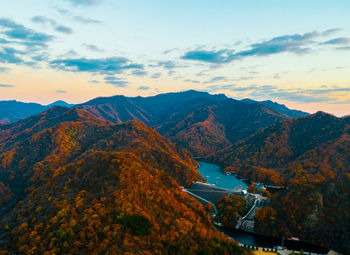 Scenic view of mountains against sky during autumn