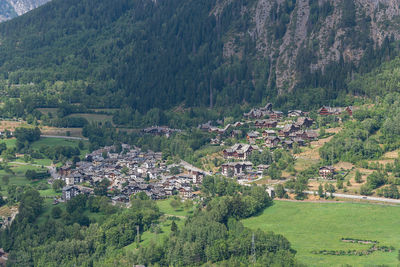 High angle view of townscape and trees on field