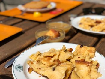 High angle view of food served on table