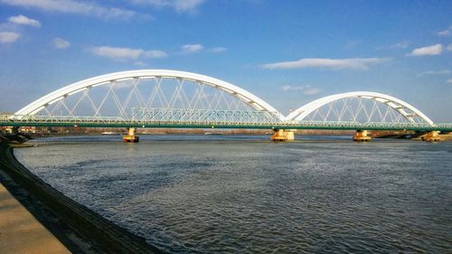 View of bridge over river against cloudy sky