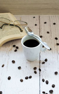 High angle view of coffee on table