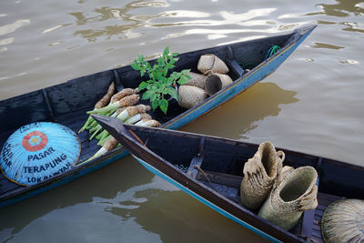 High angle view of boats in water