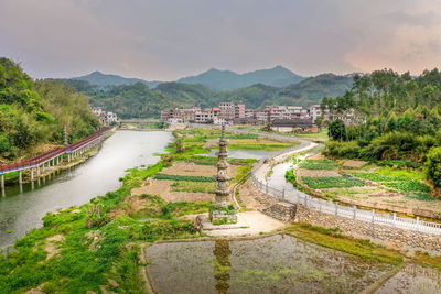 High angle view of bridge over river against sky