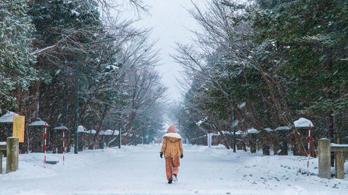 Rear view of man walking on snow covered land