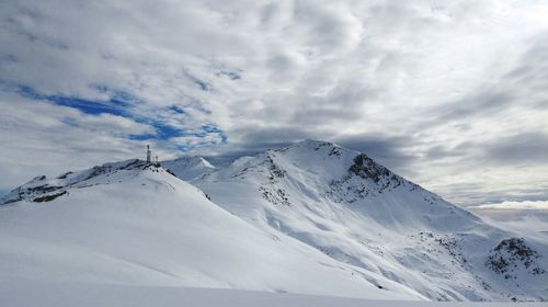 Scenic view of snowcapped mountains against sky