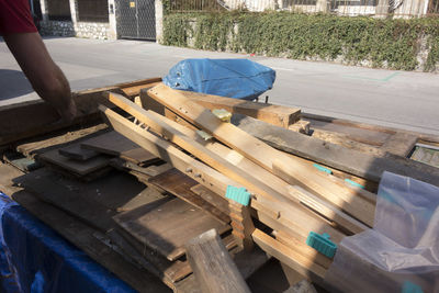 High angle view of man working on wood