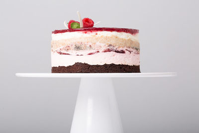 Close-up of cake against white background