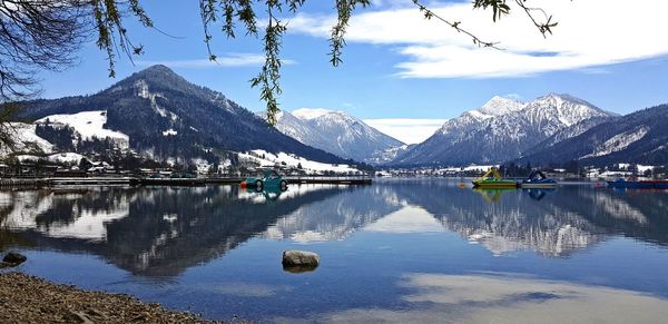 Scenic view of lake and mountains against sky
