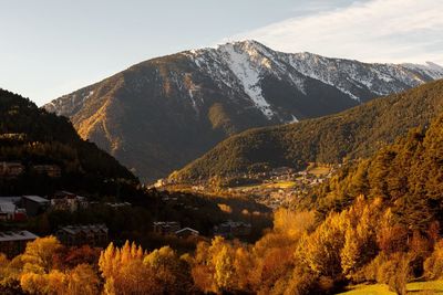 Scenic view of lake by mountains against sky